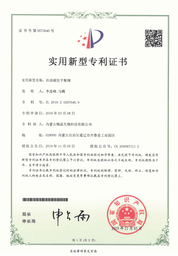 专利证书（自动液位平衡阀）